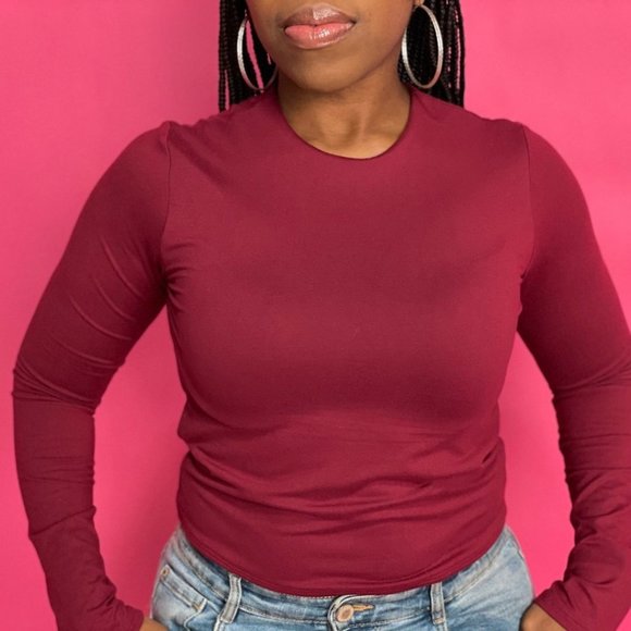 (NWT) Long Sleeve Double Layer / Long Crop Top - Burgundy - Picture 2 of 4